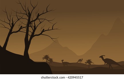 Silhouette of many dinosaur in fields with brown backgrounds