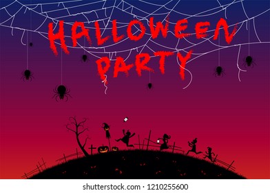 silhouette many people with men and women wearing as ghost for festival halloween and text, full moon on dark night with happy children for celebration halloween day at castle,  cobweb and spider