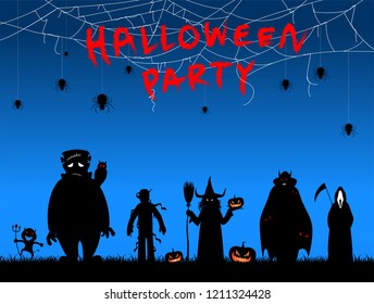 silhouette many people with men and women wearing as ghost for festival halloween and text,full moon on dark night with happy children for celebration halloween day at castle,cobweb and spider