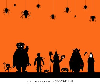 silhouette many people with men and women wearing as ghost for festival halloween,full moon on dark night with happy children for celebration halloween day at castle,cobweb and spider