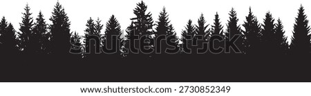 Silhouette of many pine trees on white background