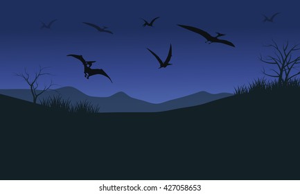 Silhouette Of Many Pterodactyl At The Night