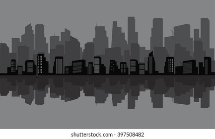 Silhouette of many tall buildings