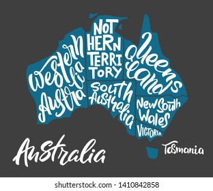 Silhouette of the map of Australia with hand-written names of states - South Australia, Victoria, etc. Handwritten lettering on the background of Australia map. Unique vector typography poster