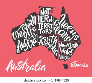 Silhouette of the map of Australia with hand-written names of states - South Australia, Victoria, etc. Handwritten lettering on the background of Australia map. Unique vector typography poster
