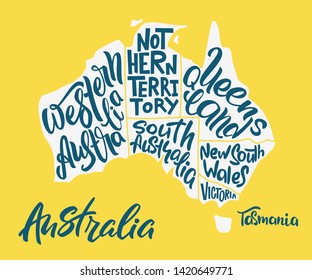 Silhouette of the map of Australia with hand-written names of states - South Australia, Victoria, etc. Handwritten lettering on the background of Australia map. Unique vector typography poster