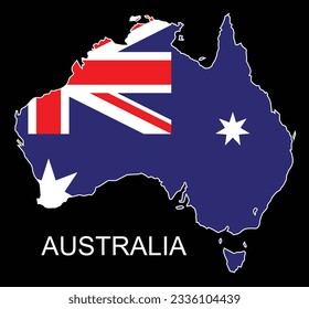 Silhouette map of Australia over a black backgroundinset with the national flag and country name