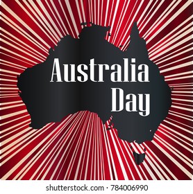 Silhouette map of Australia over a ray background with Australia Day text