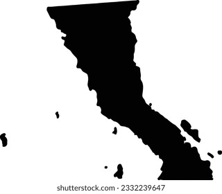 Silhouette map of Baja California Mexico with transparent background.