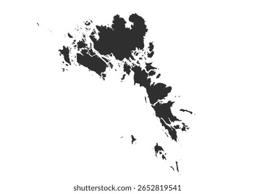 Mapa da silhueta de Batam, Indonésia. Mostra o contorno geográfico da ilha ou cidade em cinza escuro. Destaca a sua forma territorial simples.