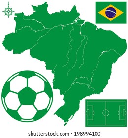 Silhouette map of the Brazil, football pitch, soccerball, flag and windrose. All objects are independent and fully editable. 