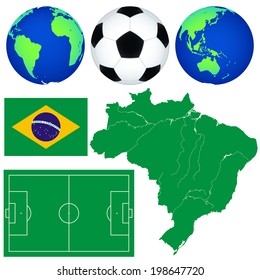 Silhouette map of the Brazil, globes, football pitch, soccerball and flag. Elements of this image furnished by NASA 