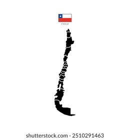 Silhouette map of Chile with the outline of regions. Vector illustration with a flag.