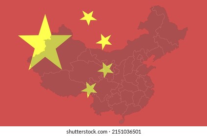 Silhouette of a map of China in gray with white outlines, behind a translucent flag of the country. The vector illustration is suitable for use in news feeds for the website and as a background.
