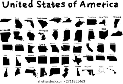 Colección de mapa de silueta de todos los estados de los Estados Unidos de América mostrados en Formas negras con etiquetas. Perfecto para proyectos de educación, diseño, infografía y geografía