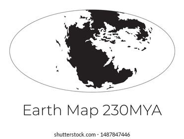 Silhouette of Map of the Earth 230MYA. Monochrome vector illustration of Earth map with black continents and white oceans isolated on white background. Projection. Prehistoric worldmap.