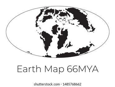 Silhouette of Map of the Earth 66MYA. Monochrome vector illustration of Earth map with black continents and white oceans isolated on white background. Projection. Prehistoric worldmap.