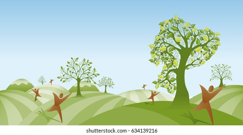 Silhouette of the map of Ecuador formed by the branches of a tree located in a landscape of mountains with abstract drawings of people. Vector image