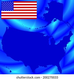 Silhouette map and flag of the USA on the abstract background. All objects are independent and fully editable 