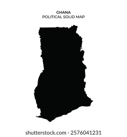 A silhouette map of Ghana is displayed, emphasizing the countrys shape. The solid black format highlights its geographical boundaries and political divisions without details.