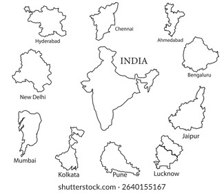 Silhouette map of India with outlines of major cities including Delhi, Mumbai, Chennai, Hyderabad, Bengaluru, and more. Modern vector-style black city shapes on white background