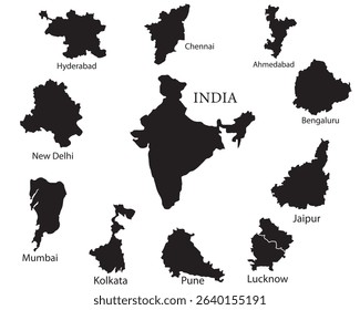 Silhouette map of India with outlines of major cities including Delhi, Mumbai, Chennai, Hyderabad, Bengaluru, and more. Modern vector-style black city shapes on white background.