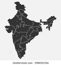 Silhouette map of India. The regions are divided among themselves. Vector illustration.