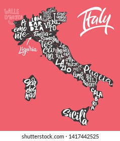 Silhouette of the map of Italy with hand-written names of regions, provinces - Sicilia, Lazio, Veneto, etc. Handwritten lettering on the background of Italy map. Unique vector typography poster