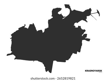 Mapa da silhueta de Krasnoyarsk, Rússia. Mostra o contorno geográfico da região ou cidade em cinza escuro. Destaca a sua forma territorial simples.