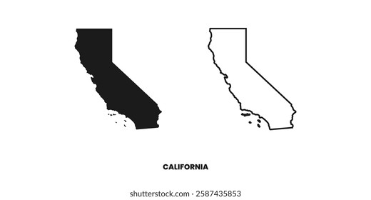 Silhouette map and line art map of california USA, black and white color detailed flat map of the federal state of CALIFORNIA, UNITED STATES OF AMERICA isolated on transparant white background