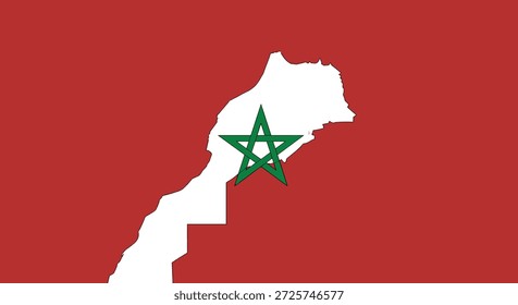 Mapa de la silueta de Marruecos con la bandera nacional con un pentagrama verde sobre un fondo rojo para diseños patrióticos.