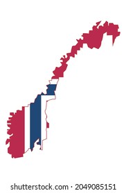Silhouette of the map of Norway with its flag on white background