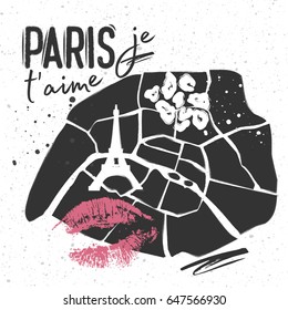 The silhouette of the map of Paris with a trace of the lipstick, lettering, leopard print and the Eiffel tower