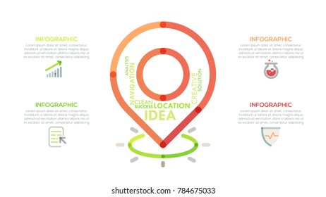 Silhouette of map pin or location mark consisted of colorful translucent lines and surrounded by linear symbols and text boxes. Concept of touristic guide, navigation. Creative vector illustration.