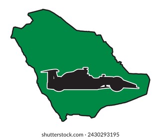 A silhouette map of Saudi Atabia in the colors of the national flag with a racing car silhouette inset