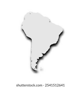 Silhouette map of South America continent. Grey vector map with dropped shadow on light gray background.