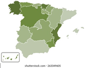 Silhouette map of the Spain with regions and islands. All objects are independent and fully editable 