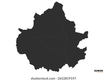 Mapa da silhueta de Suwon, Coreia do Sul. Mostra o contorno geográfico da região ou cidade em cinza escuro. Destaca a forma territorial simples.