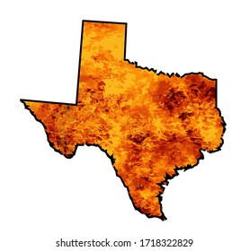 Silhouette map of Texas over a white background with flames inset into the silhouette