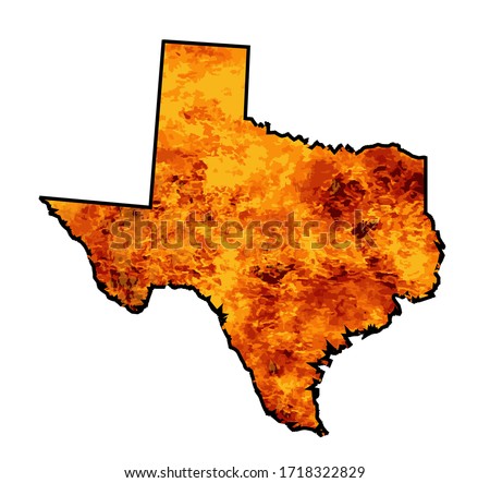 Silhouette map of Texas over a white background with flames inset into the silhouette
