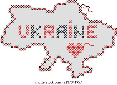 Silhouette of the map of Ukraine with borders in the form of embroidery. Support for Ukraine. Peace to Ukraine. Symbol of Ukraine. Stock vector illustration.