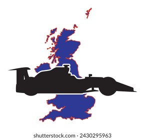 A silhouette map of United Kingdom in the colors of the national flag with a motor sport race car inset