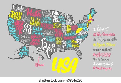 Silhouette of the map of USA with hand-written names of states - Texas, California, Hawaii, New York, etc. Handwritten lettering on the background of USA map. Unique vector typography poster