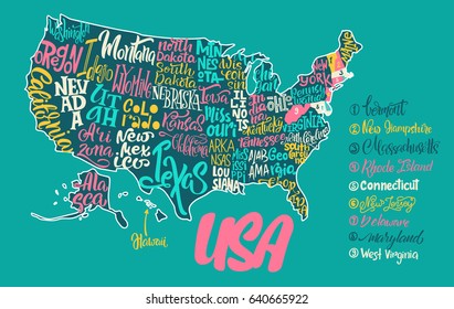 Silhouette of the map of USA with hand-written names of states - Texas, California, Hawaii, New York, etc. Handwritten lettering on the background of USA map. Unique vector typography poster