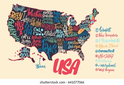 Silhouette of the map of USA with hand-written names of states - Texas, California, Iowa, Hawaii, New York, etc. Handwritten lettering on the background of USA map. Unique vector typography poster