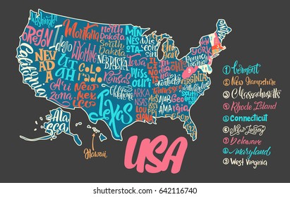 Silhouette of the map of USA with hand-written names of states - Texas, California, Iowa, Hawaii, New York, etc. Handwritten lettering on the background of USA map. Unique vector typography poster