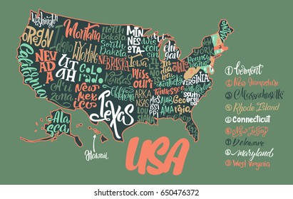 Silhouette of the map of USA with hand-written names of states - Texas, California, Iowa, Hawaii, New York, etc. Handwritten lettering on the background of USA map. Unique vector typography poster