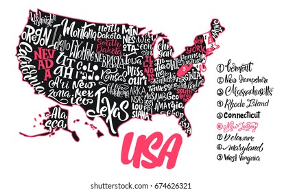 Silhouette of the map of USA with hand-written names of states - Texas, California, Iowa, Hawaii, New York, etc. Handwritten lettering on the background of USA map. 