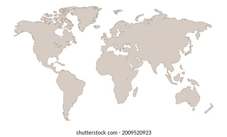 Silhouette of a map of the world with an outline. The pastel colors. Vector illustration.