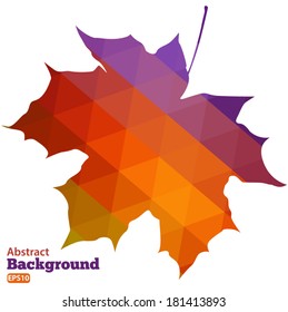 Silhouette of the maple leaf of geometric shapes - triangles of purple, orange, yellow.. Vector EPS 10 illustration.